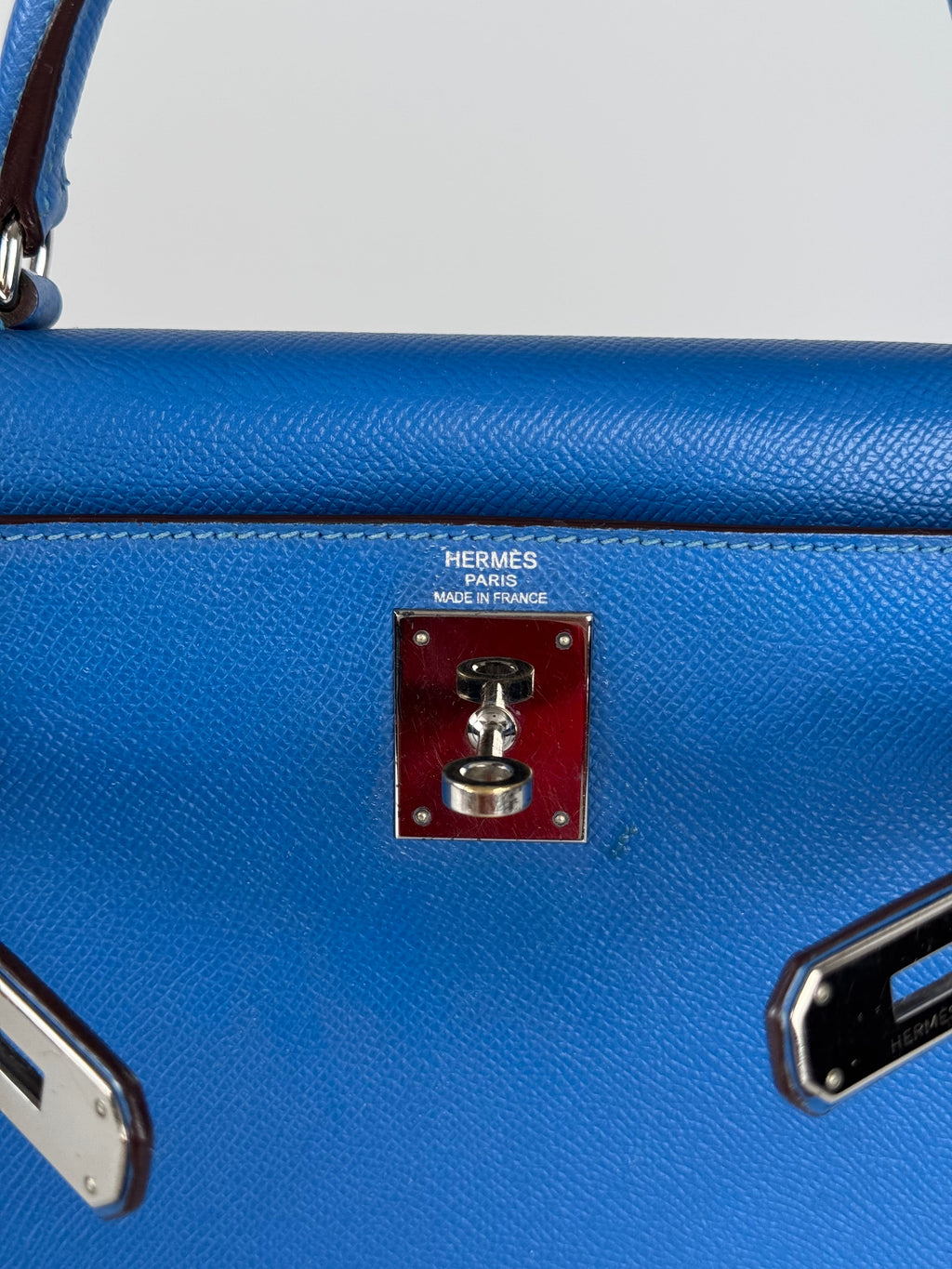Hermes Kelly 28cm Sellier Bag In Blue Epsom Leather With Silver Hardware