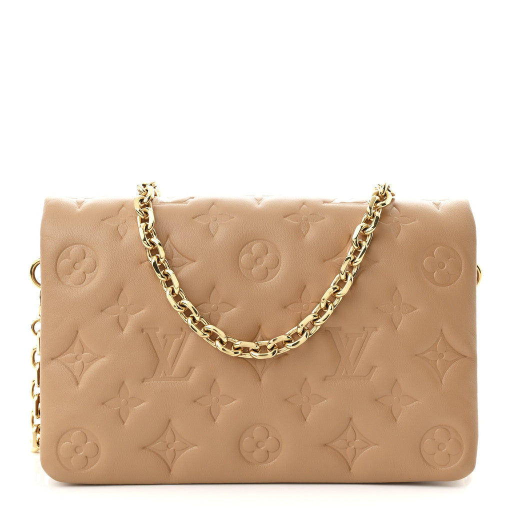 Lambskin Embossed Monogram Pochette Coussin Camel