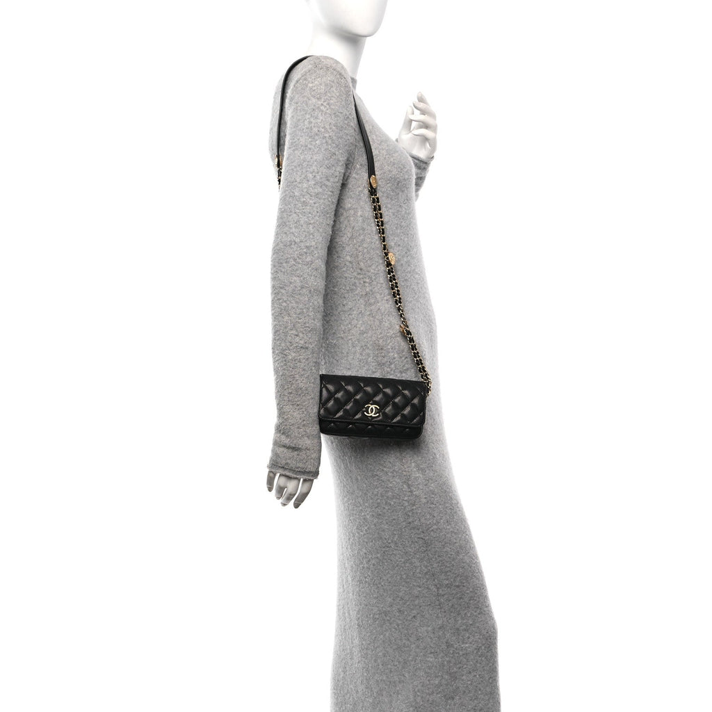 Caviar Quilted Yours Buttons Phone Holder With Chain Black