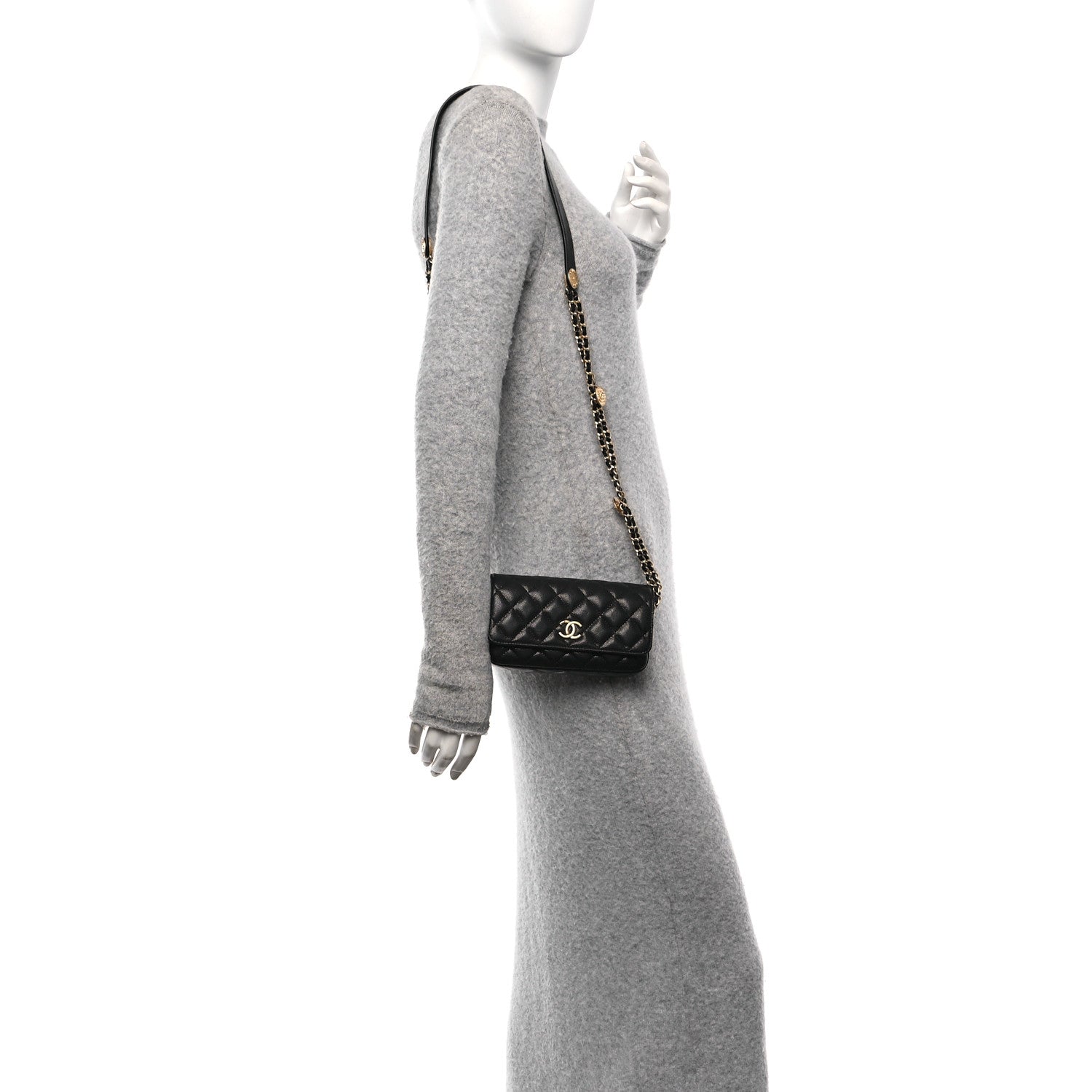 Caviar Quilted Yours Buttons Phone Holder With Chain Black