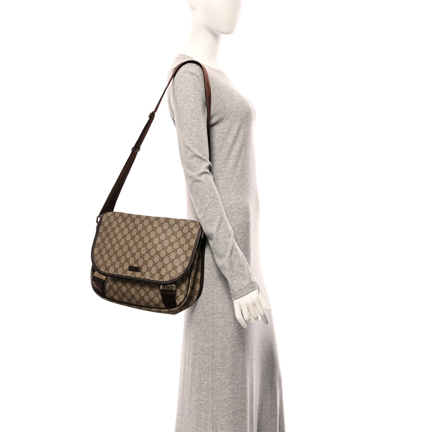 GG Plus Monogram Medium Double Buckle Flap Messenger Bag Beige Dark Brown