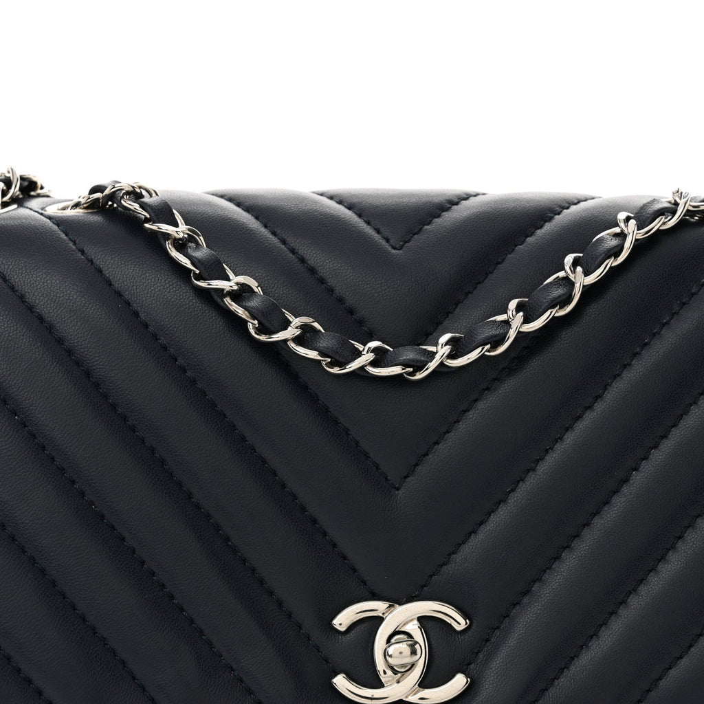 Lambskin Chevron Quilted Single Flap Navy Blue