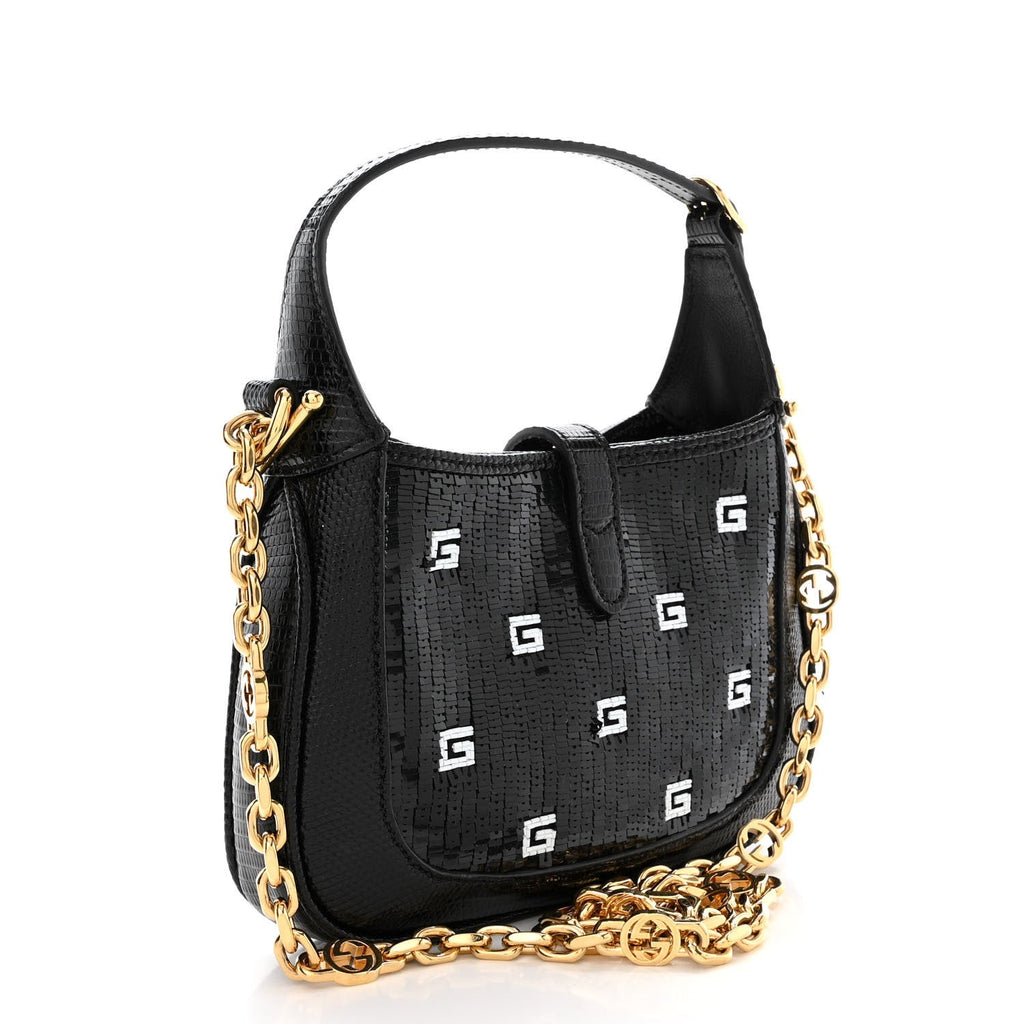 Lizard Sequin GG Monogram Mini Jackie 1961 Hobo Black White