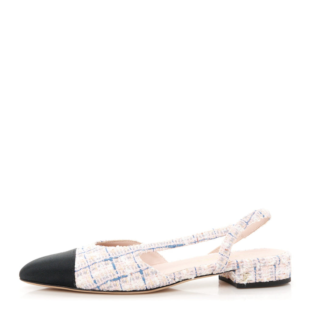 Tweed Grosgrain Cap Toe Slingback Flats 39 White Blue Pink
