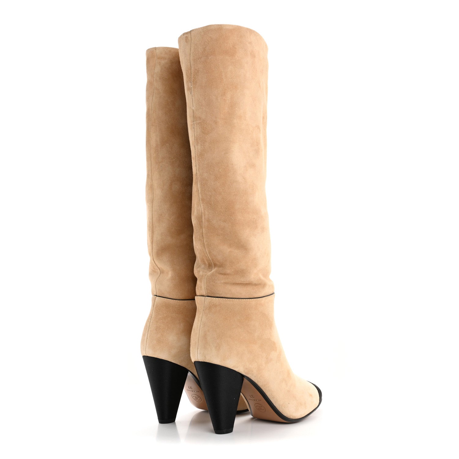 Suede Grosgrain Cap Toe CC Knee High Boots 37 Beige Black