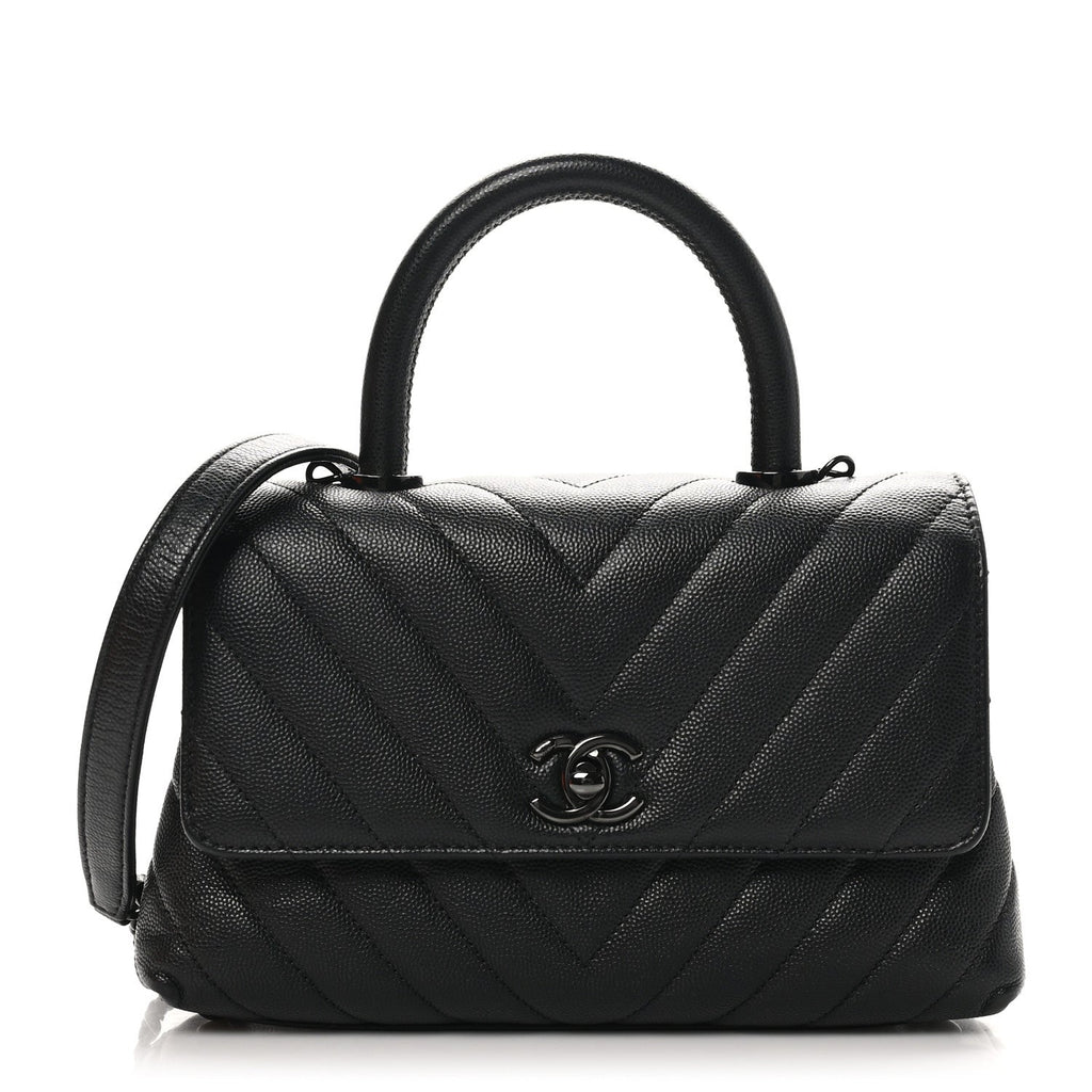 Caviar Chevron Quilted Mini Coco Handle Flap So Black