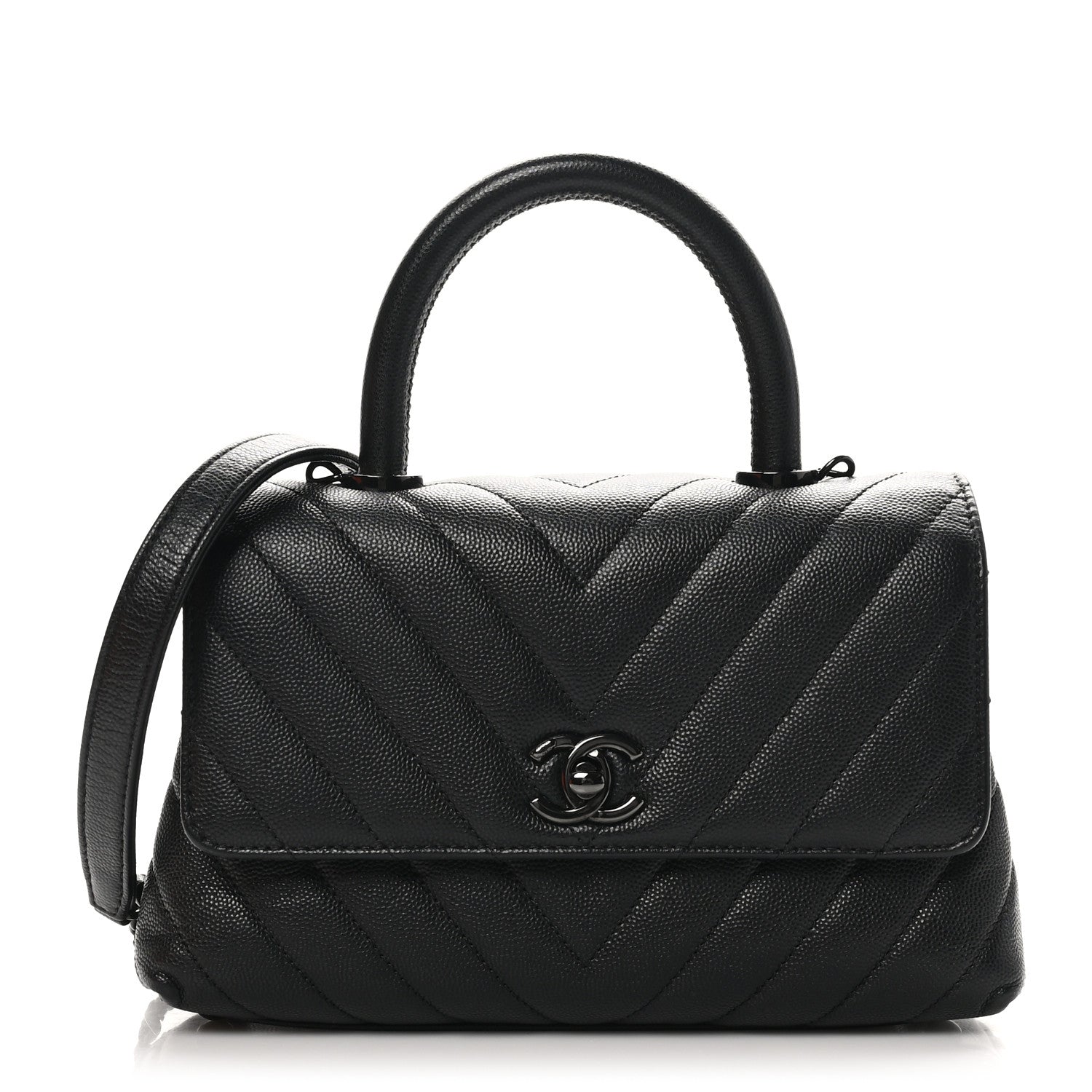 Caviar Chevron Quilted Mini Coco Handle Flap So Black
