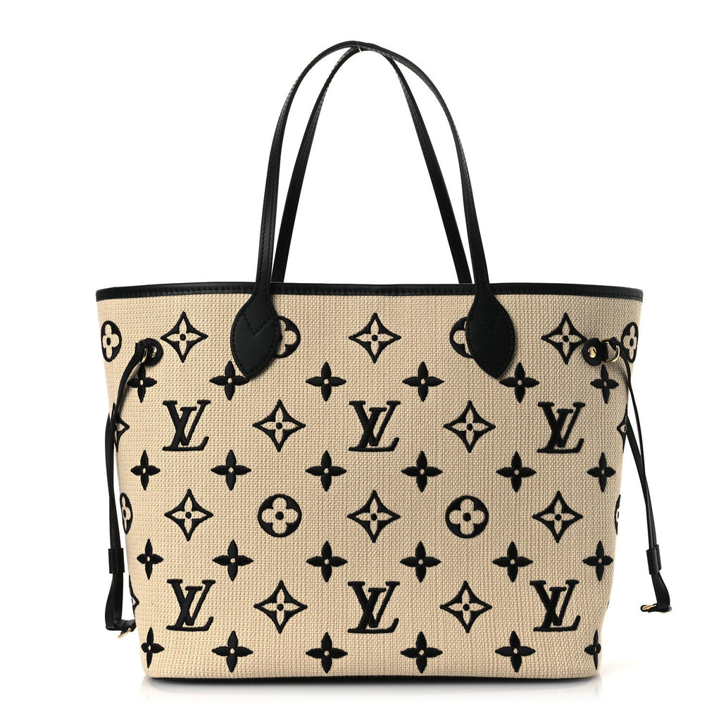 Cotton Monogram Embroidered Neverfull MM Beige Black