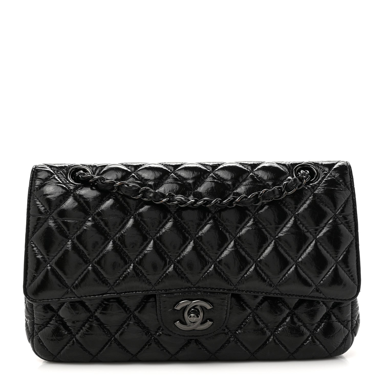 Shiny Crumpled Calfskin Quilted Medium Double Flap So Black