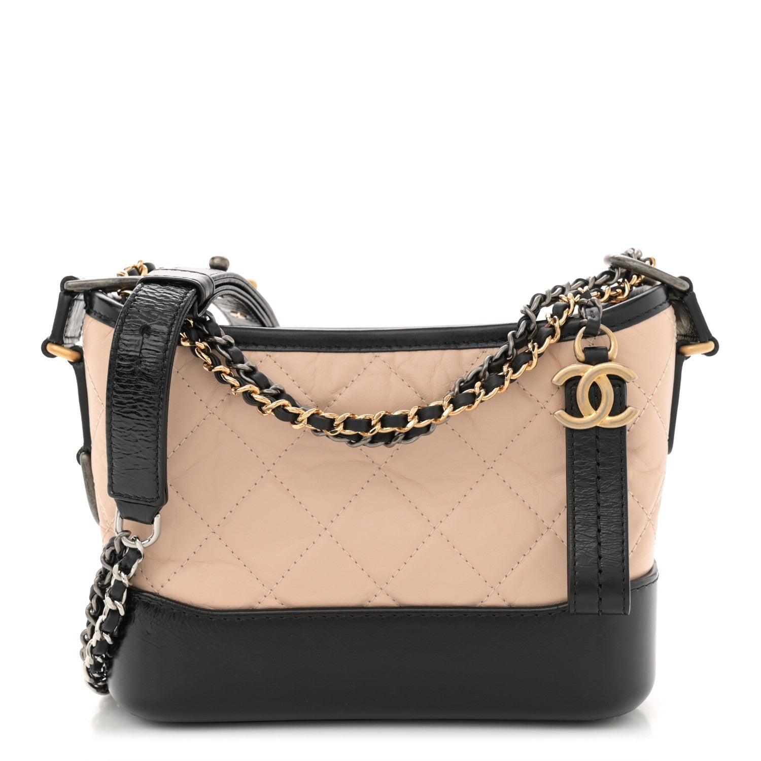 Aged Calfskin Quilted Small Gabrielle Hobo Beige Black