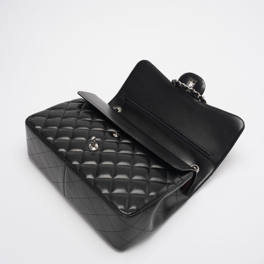 Chanel Classic Flap Bag Lambskin Black Bag Jumbo in Silver Hardware