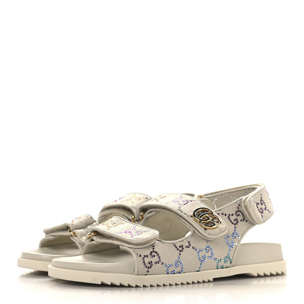 Canvas Lame Crystal GG Monogram Double G Womens Dad Sandals 37.5 Gardenia Silver Mystic White