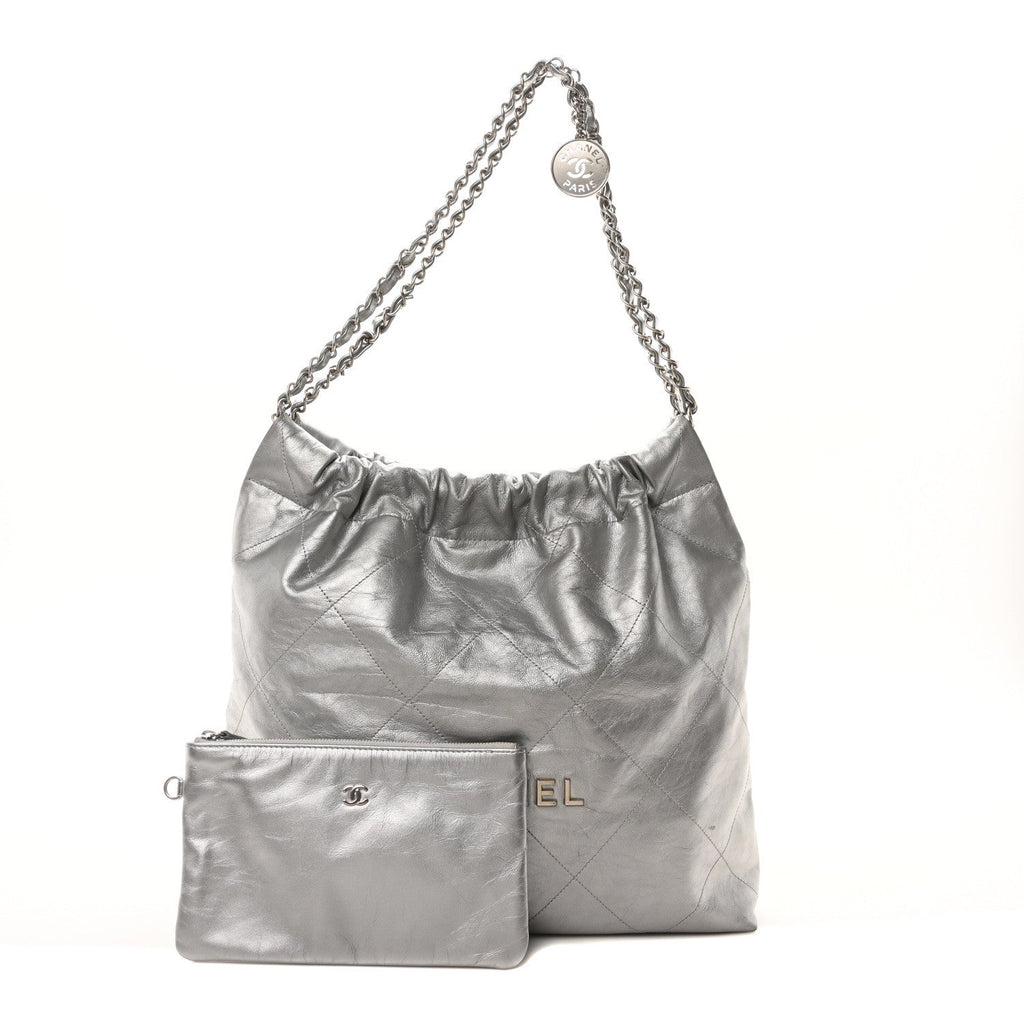 Metallic Calfskin Quilted Chanel 22 Silver