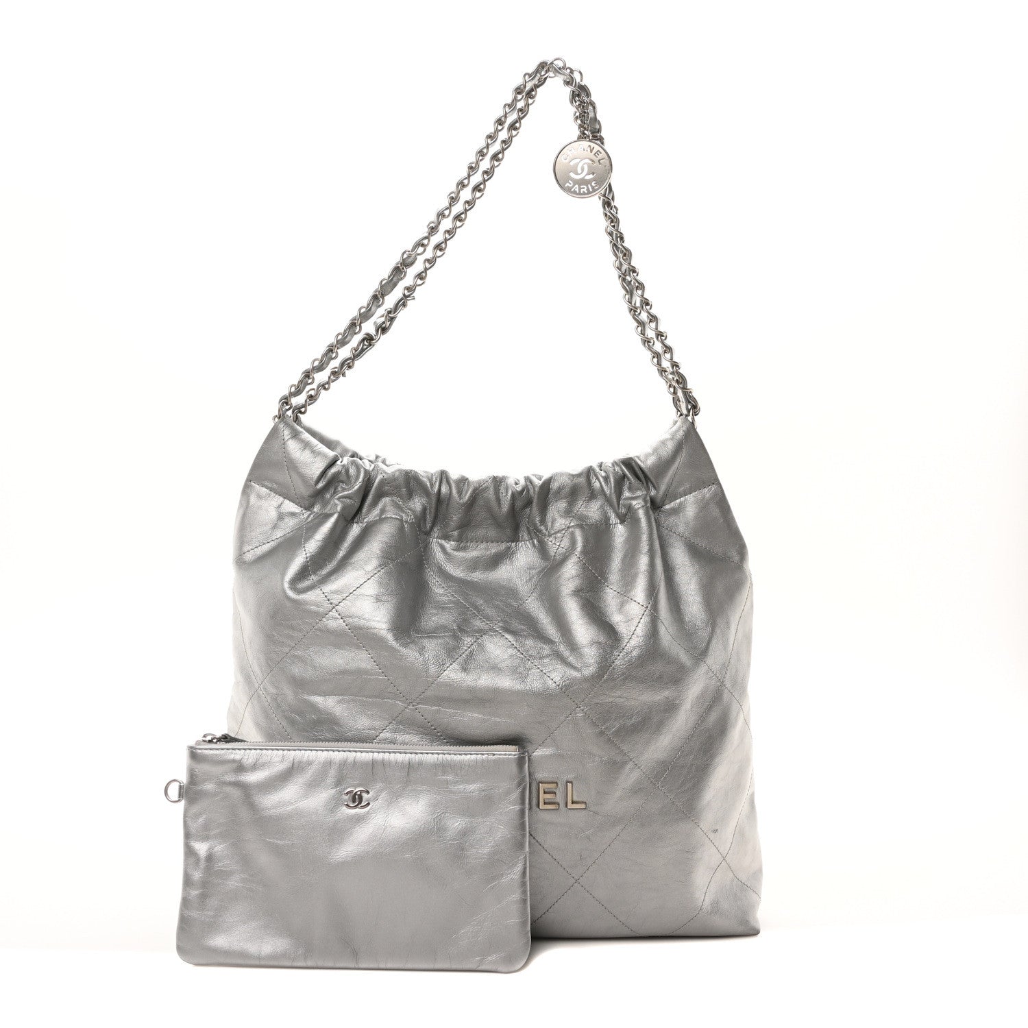 Metallic Calfskin Quilted Chanel 22 Silver