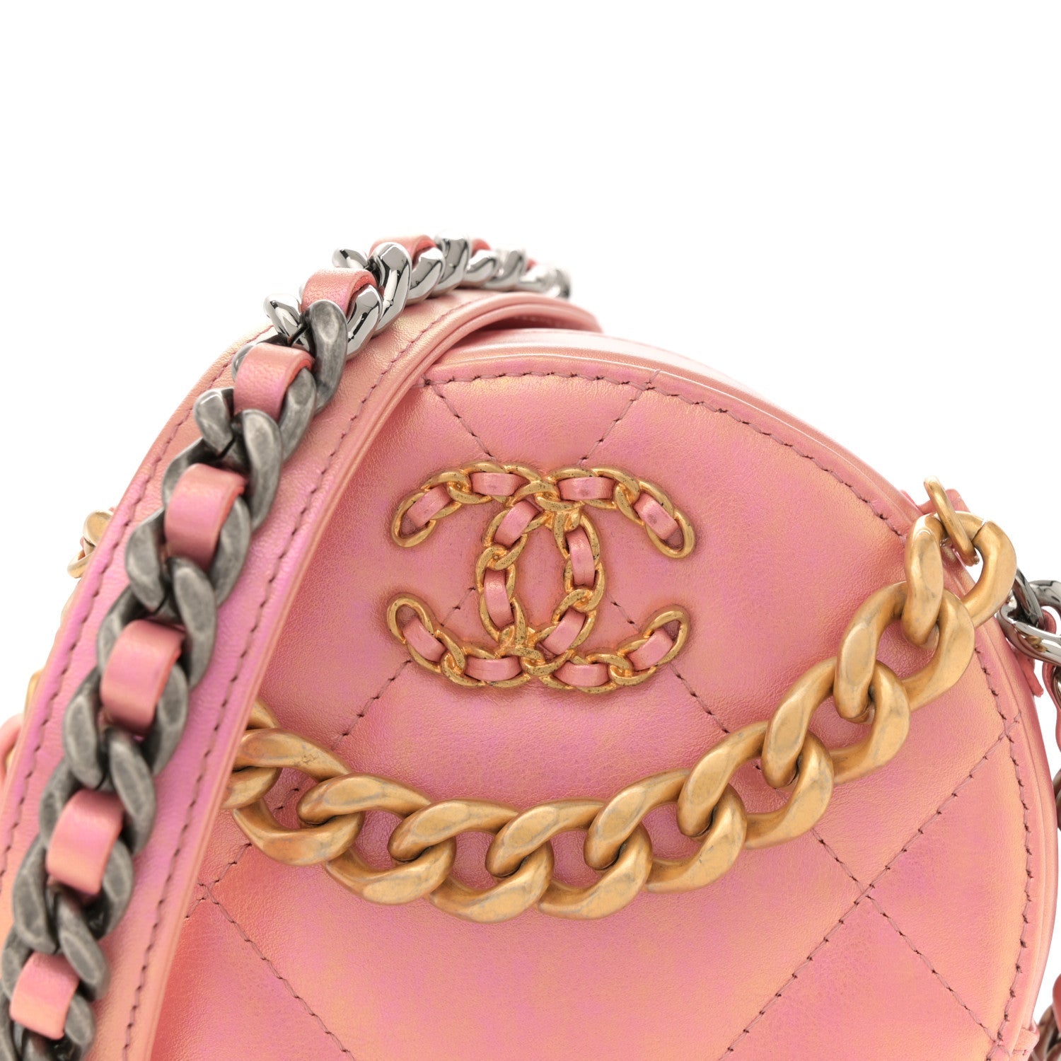 Iridescent Calfskin Quilted Chanel 19 Round Clutch With Chain Pink