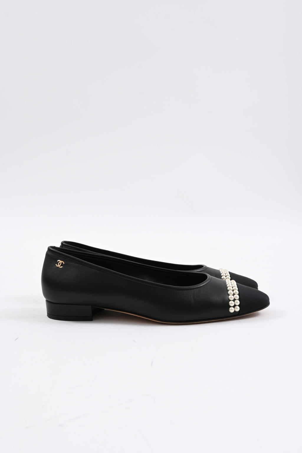 Chanel Cap-Toe Pearl Detail Ballet Flats in Black Leather