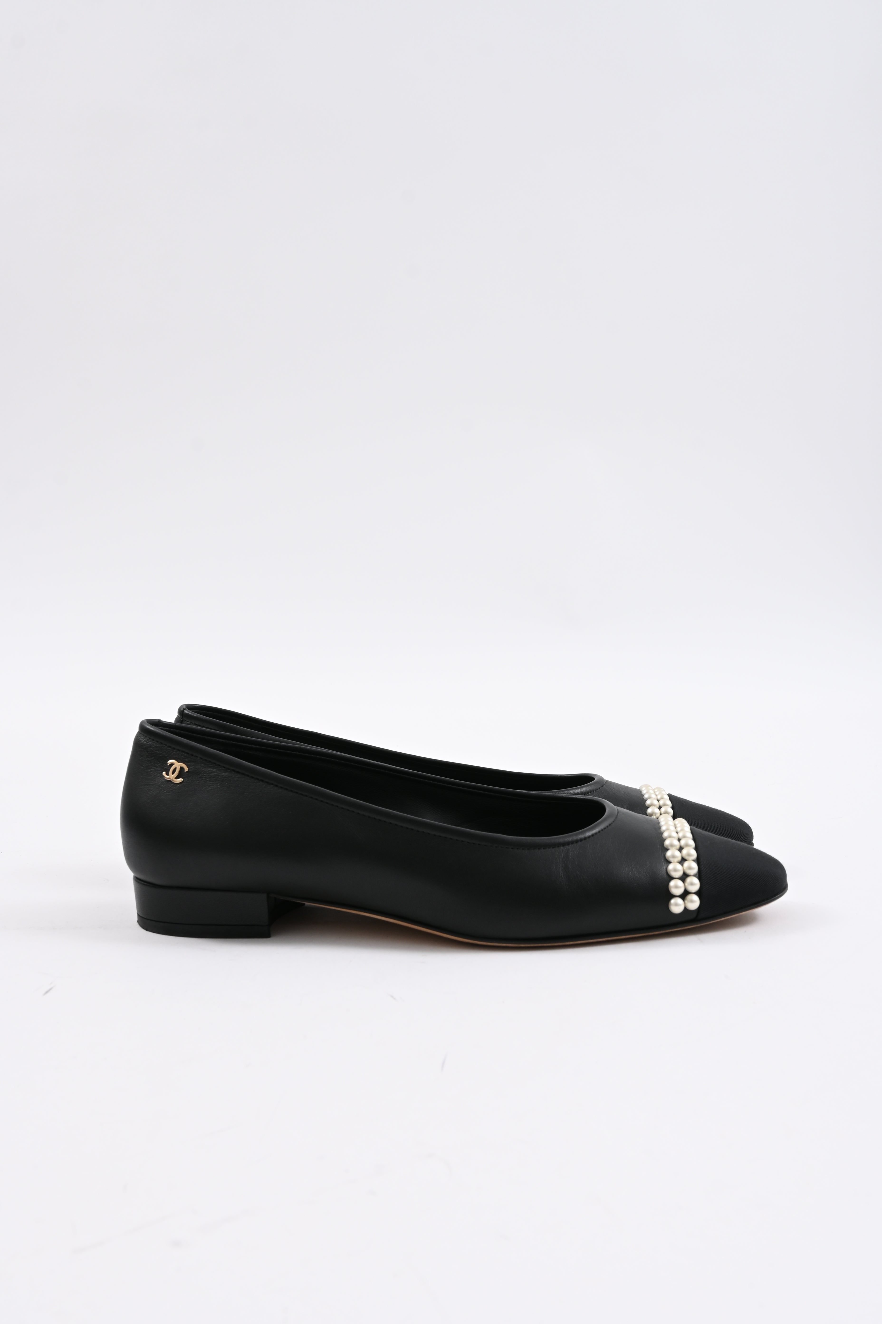 Chanel Cap-Toe Pearl Detail Ballet Flats in Black Leather