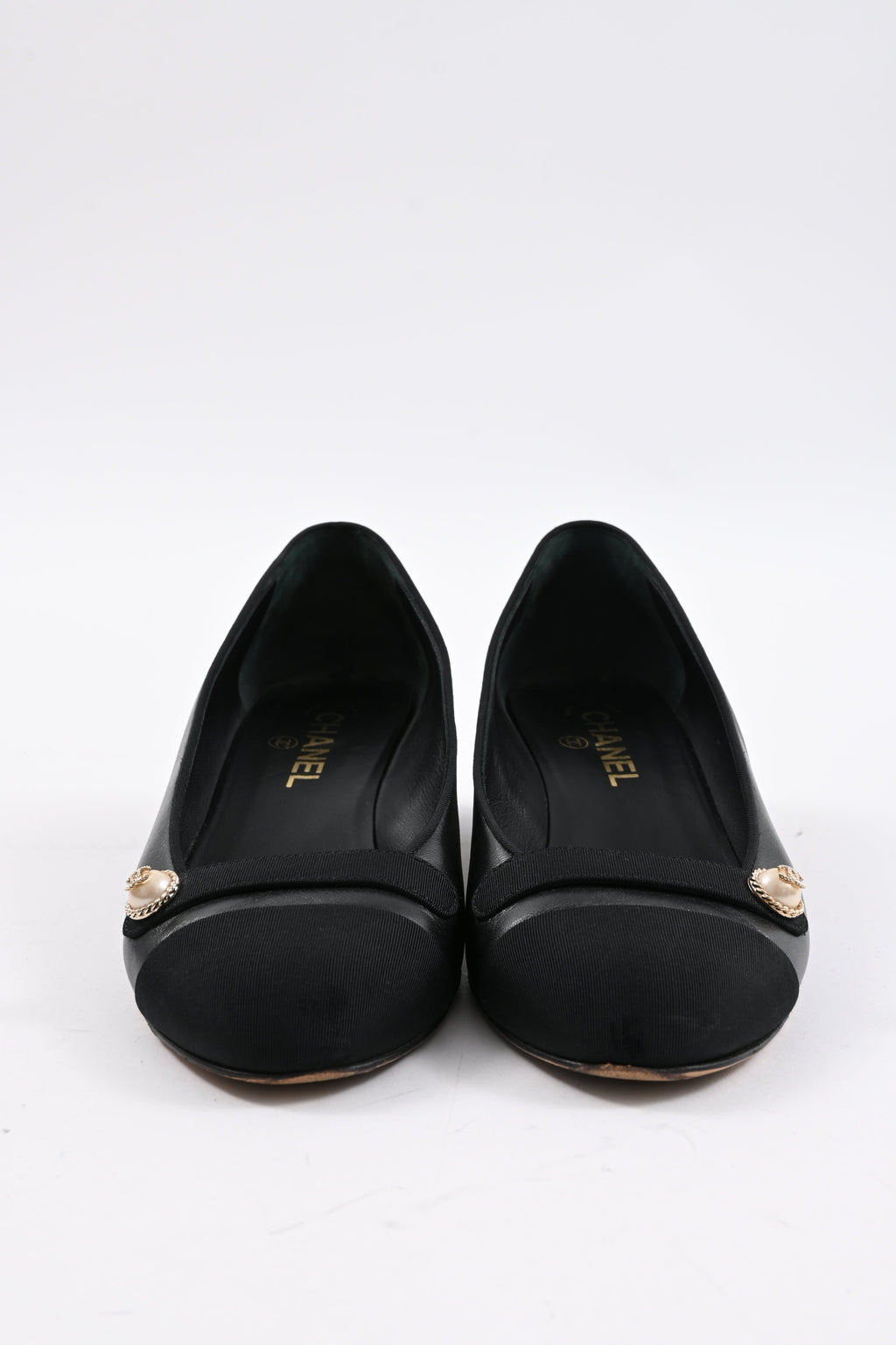 Chanel Cap Toe CC Pearl Detail Ballet Flats in Black Leather