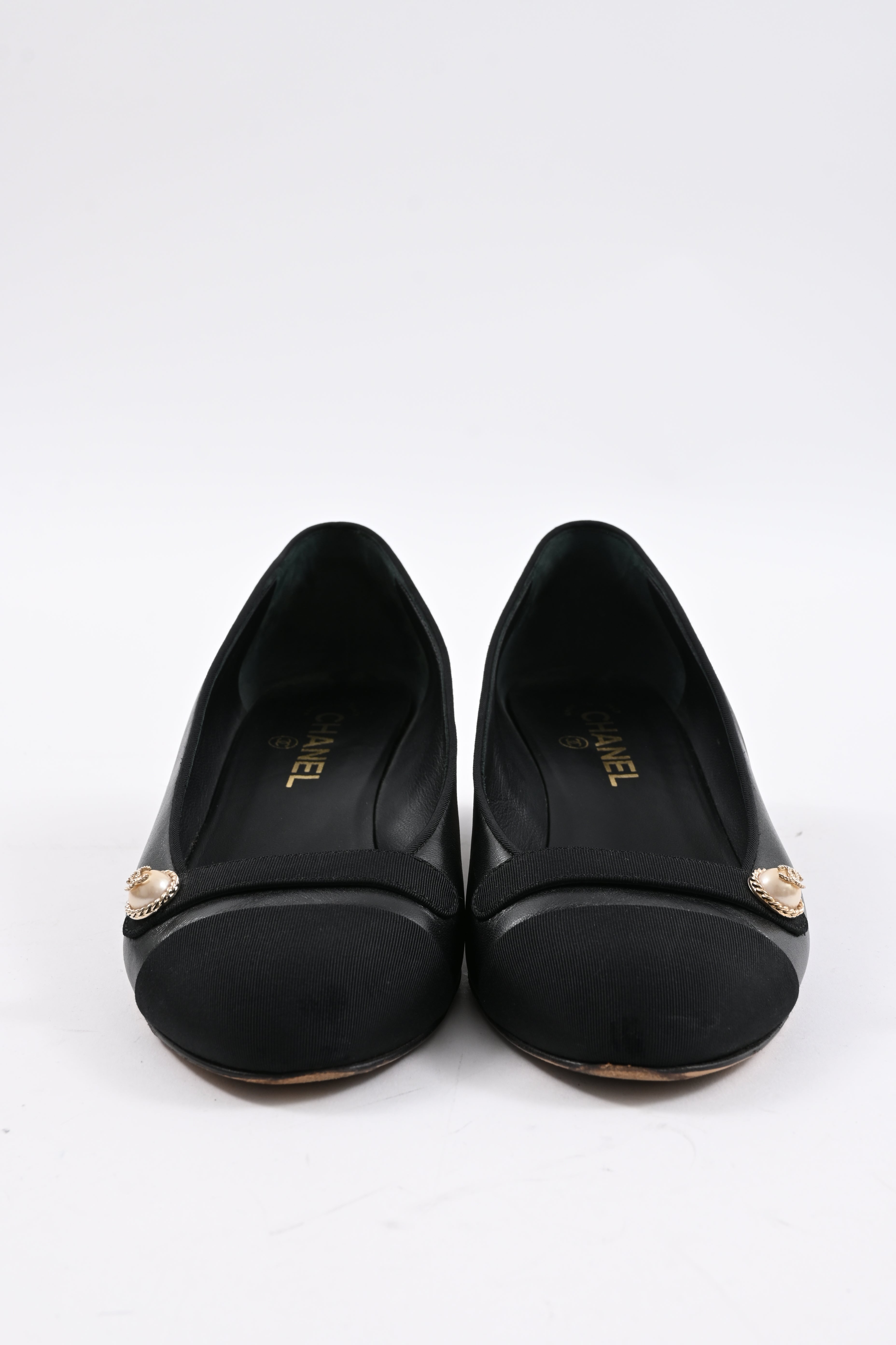 Chanel Cap Toe CC Pearl Detail Ballet Flats in Black Leather