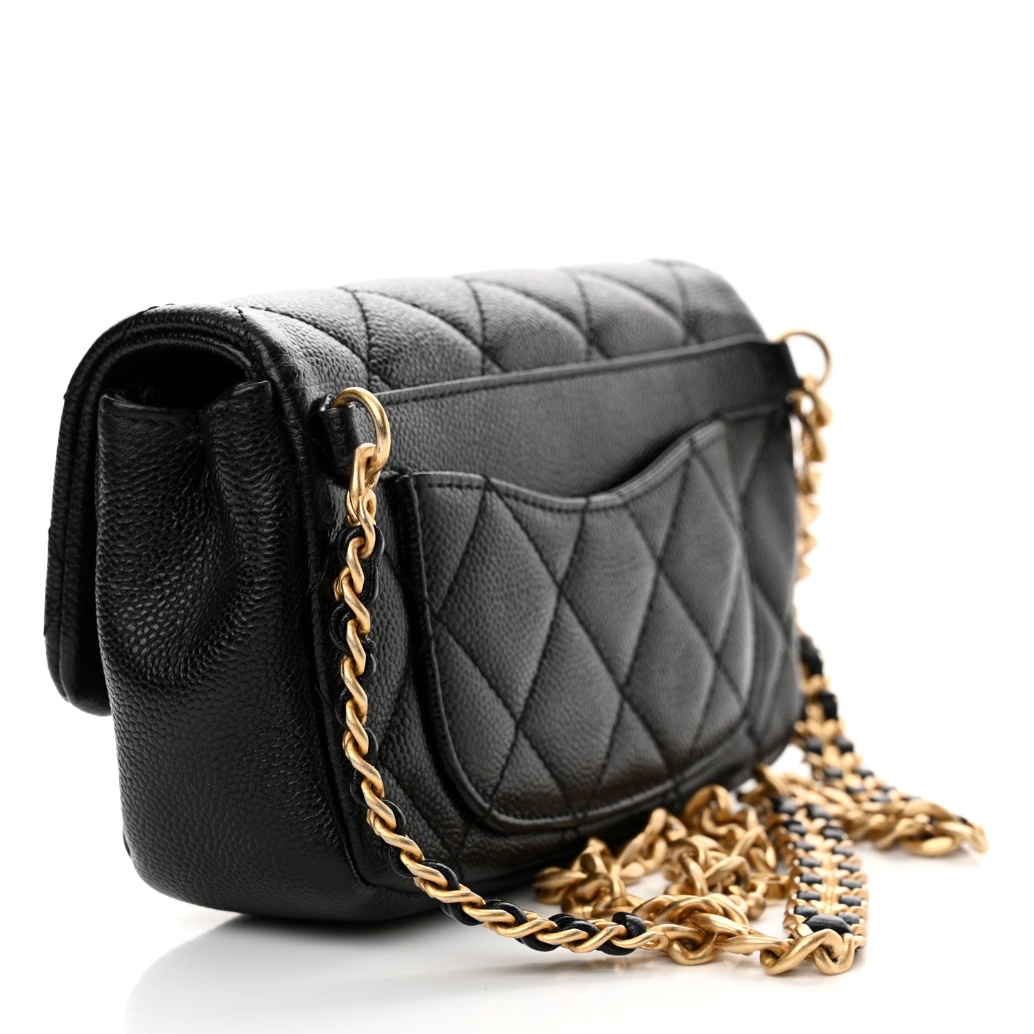 Shiny Caviar Quilted Chain Melody Waist Belt Bag Black