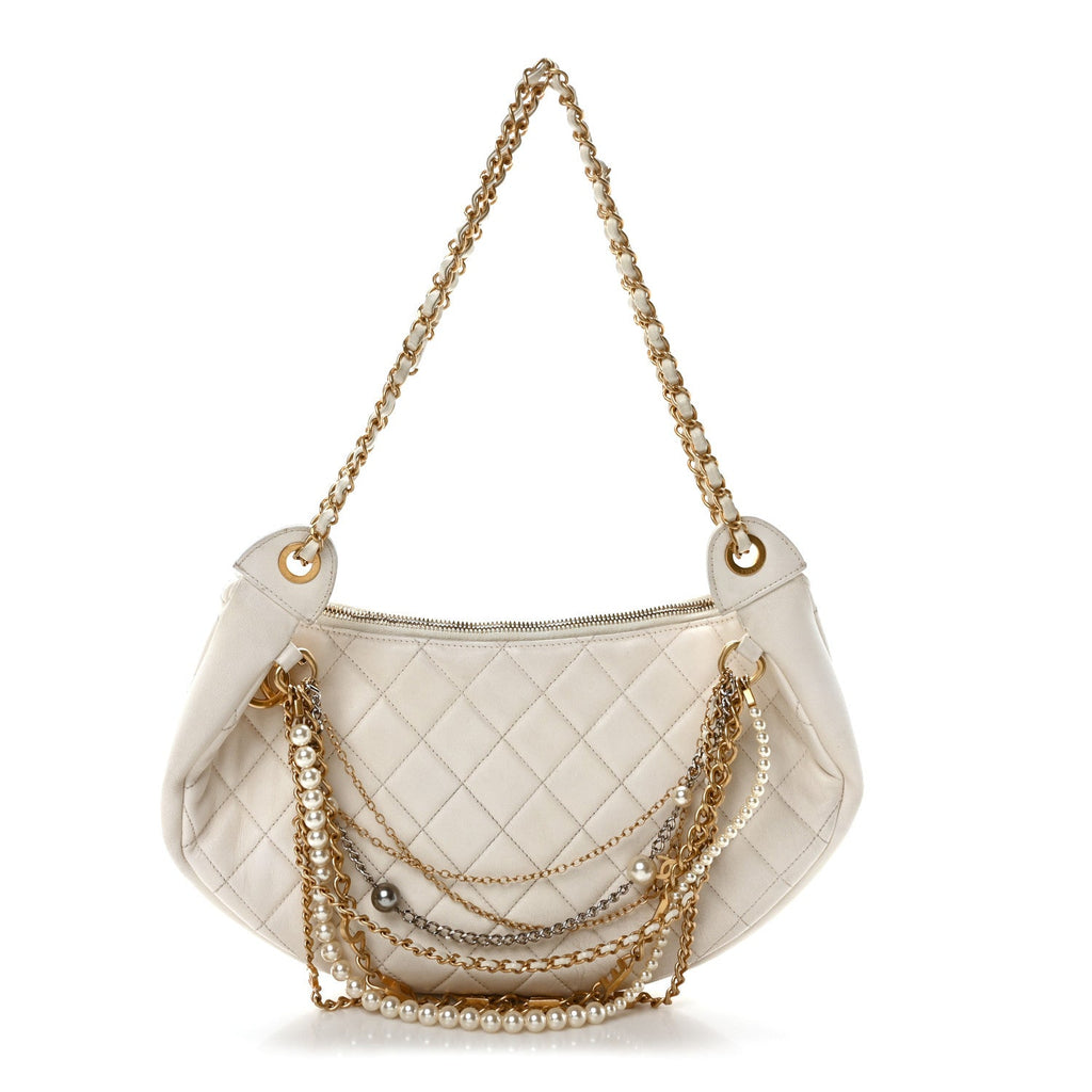 Lambskin Quilted All About Chains Hobo White