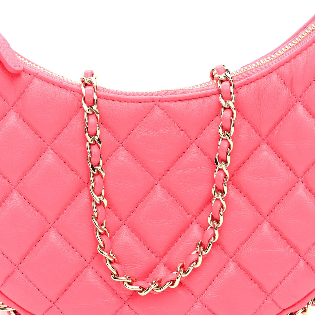 Lambskin Quilted Small Hobo Bag Dark Pink