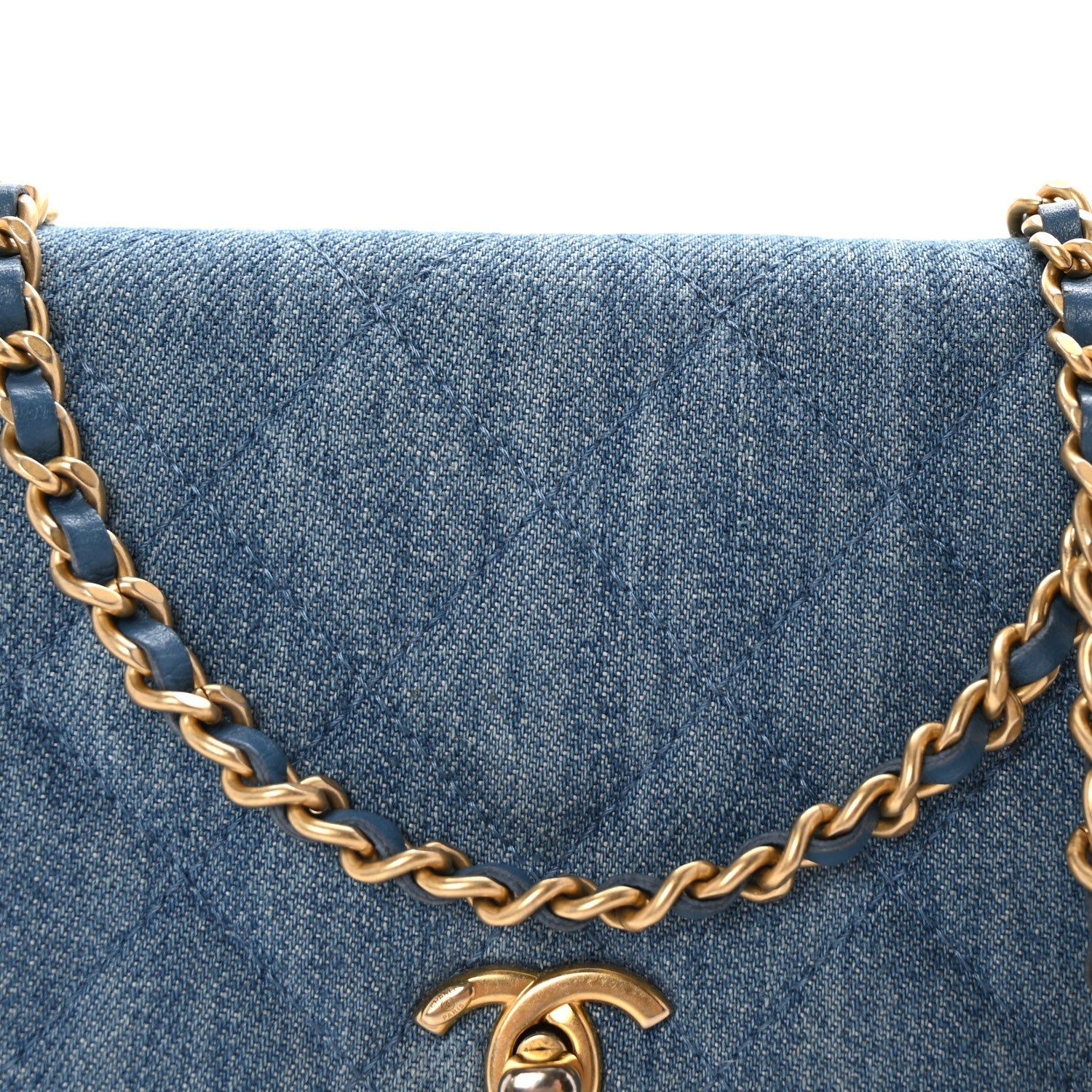 Denim Quilted CC Pearl Crush Wallet on Chain WOC Blue