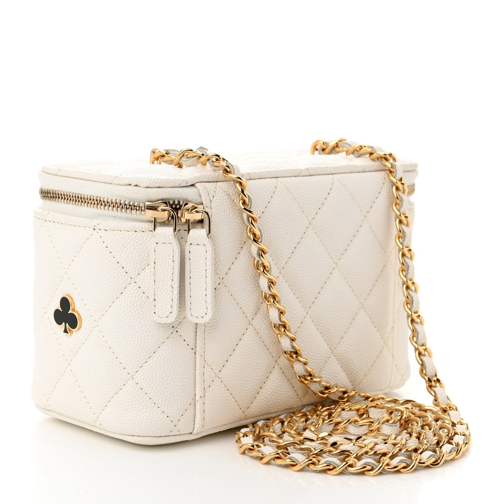 Caviar Quilted Enamel Coco Casino Small Vanity Case With Chain White