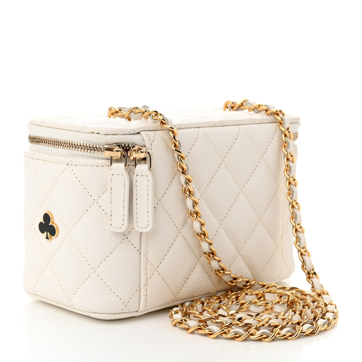Caviar Quilted Enamel Coco Casino Small Vanity Case With Chain White