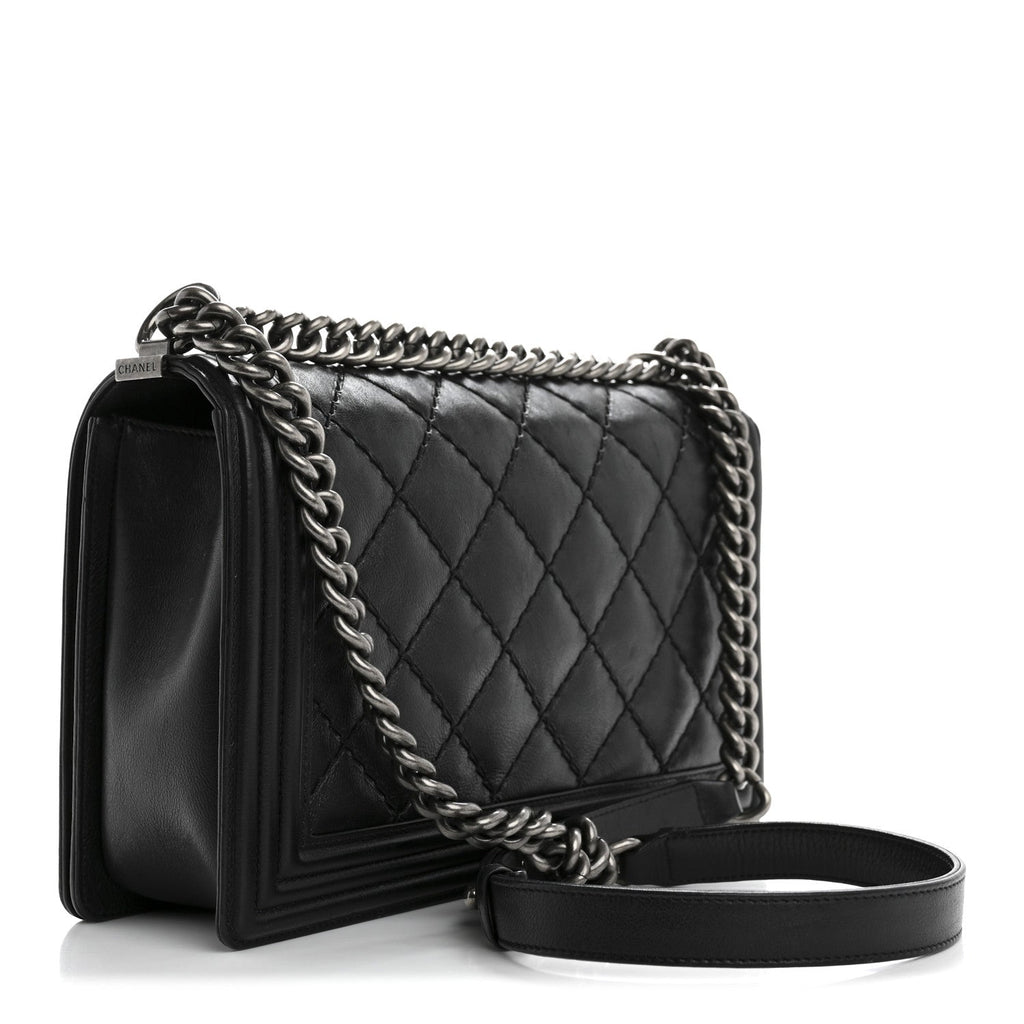 Calfskin Quilted Double Stitch New Medium Boy Flap Black