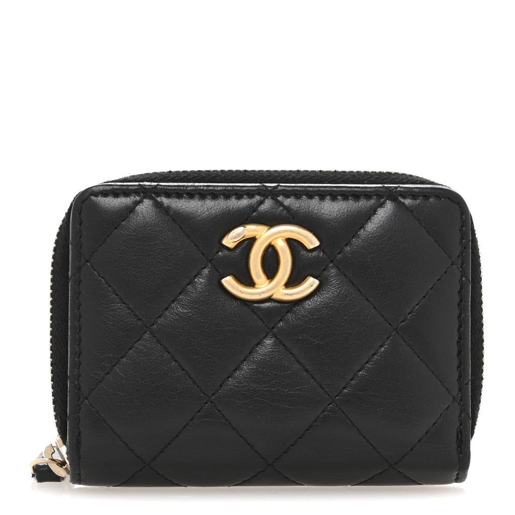 Lambskin Quilted Compact Zipped Wallet Black