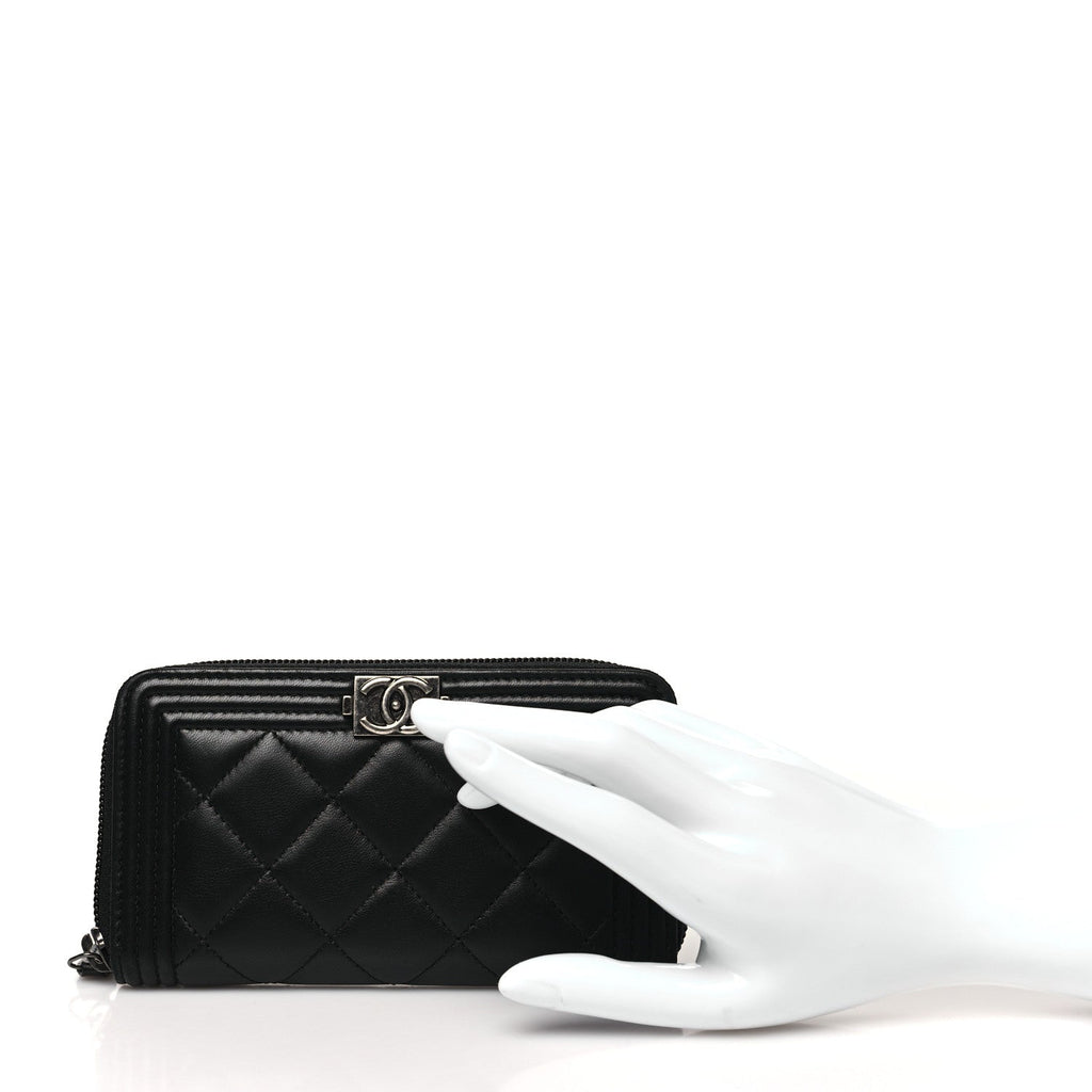 Lambskin Quilted Small Boy Zip Around Wallet Black