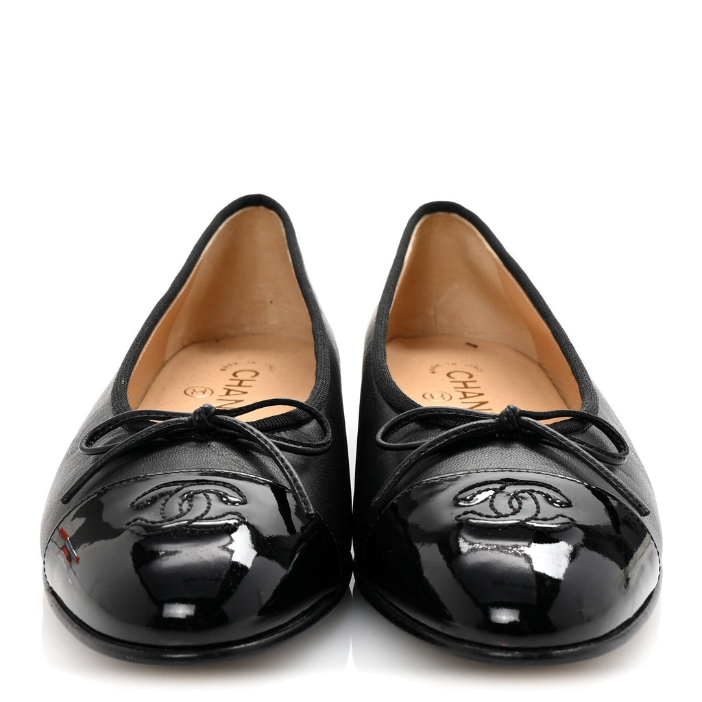 Lambskin Patent Cap Toe Ballerina Flats 38.5 Black