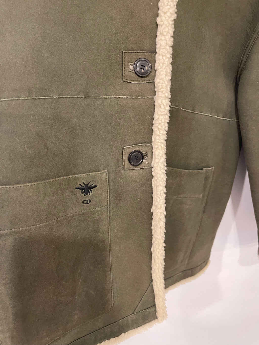 Christian Dior Khaki Shearling Coat with Embroidered Logo Size FR 36 (UK 8)