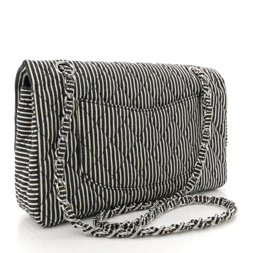 Canvas Sequin Stripe Medium Double Flap Black White