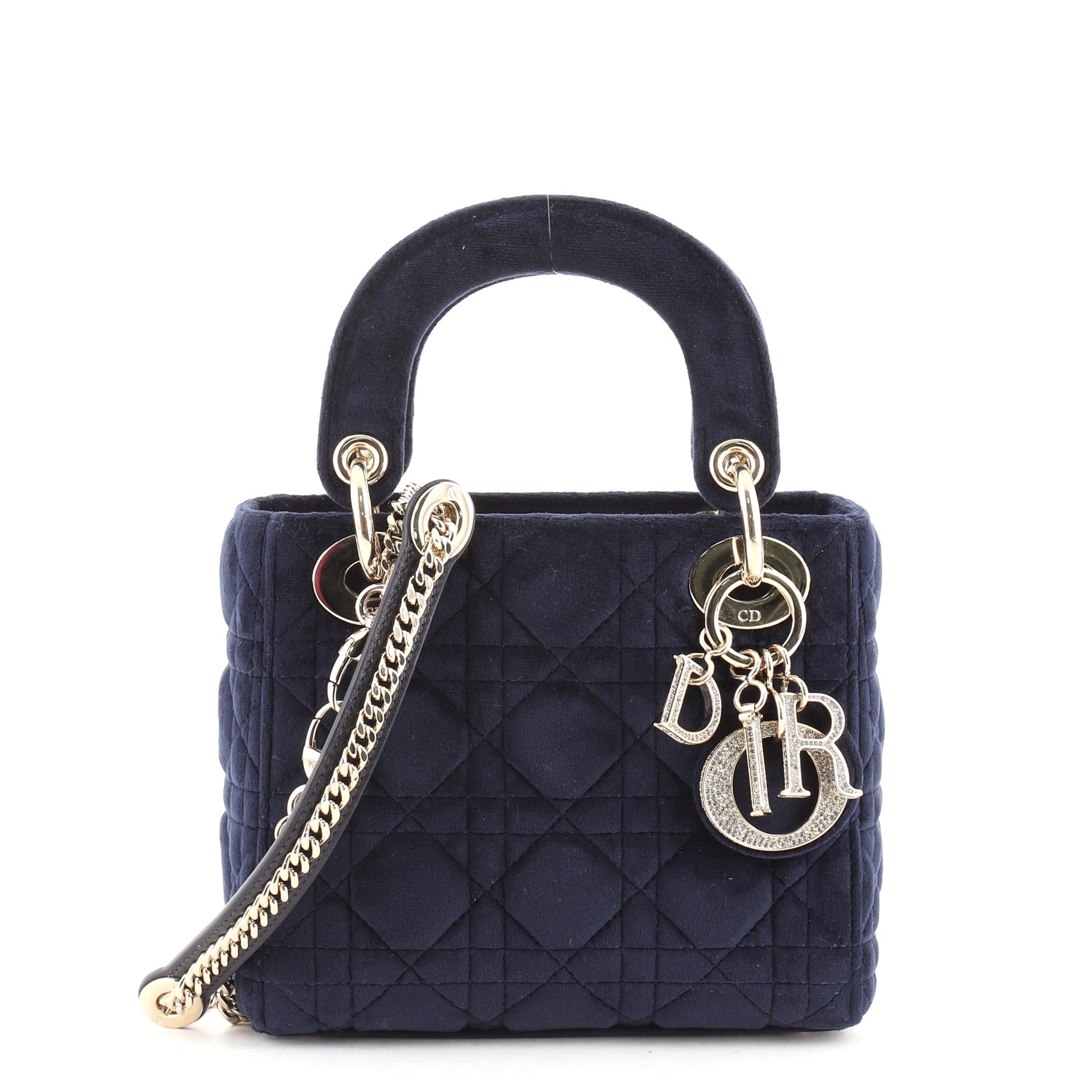 Lady Dior Chain Bag Cannage Quilt Velvet with Crystal Charms Mini