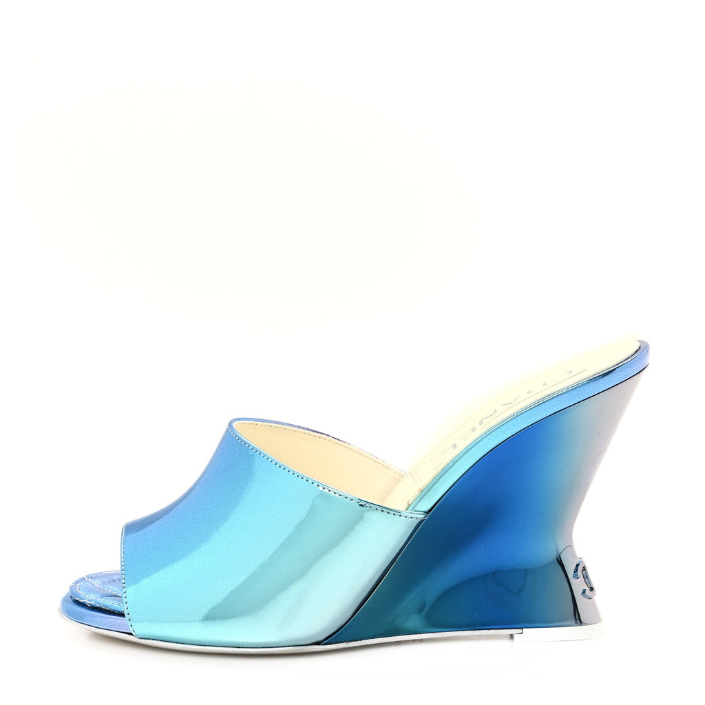 Laminated Calfskin Wedge Mules 38 Blue Purple