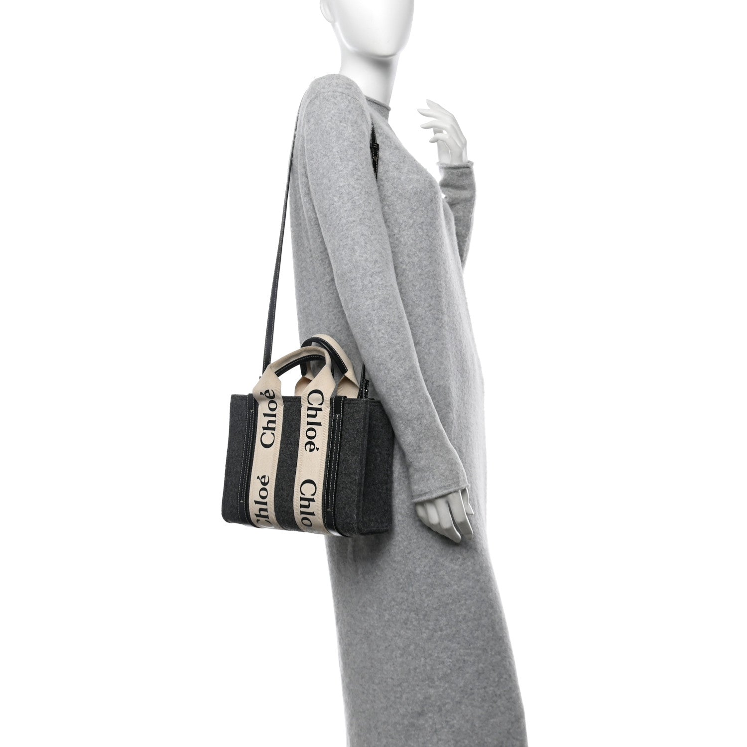 Felt Calfskin Small Woody Ribbon Tote With Strap Cashmere Grey