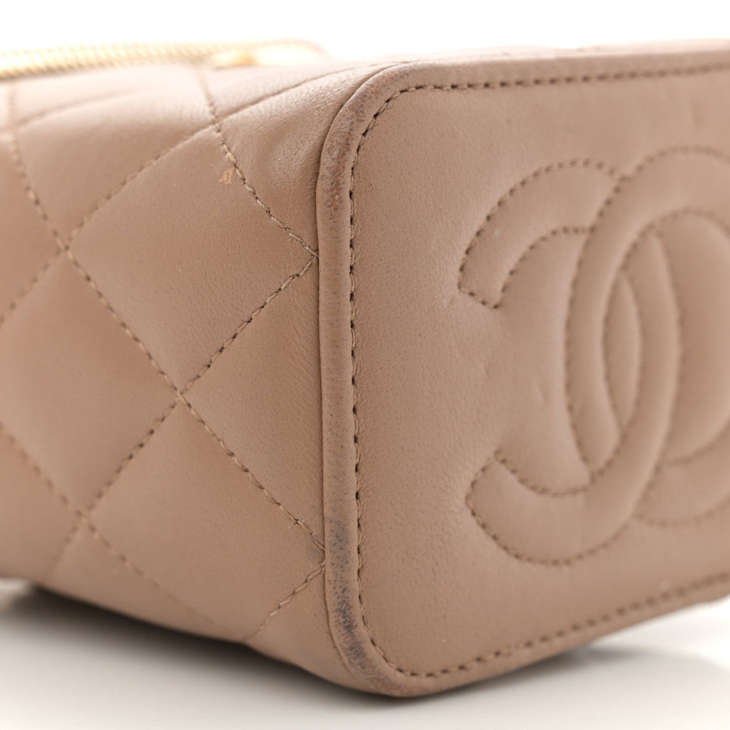 Lambskin Quilted Top Handle Mini Vanity Case With Chain Beige