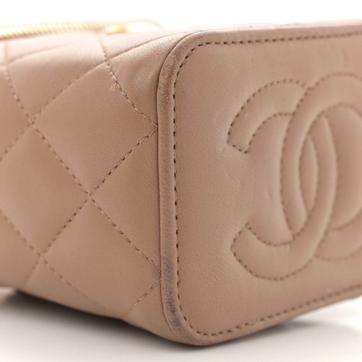 Lambskin Quilted Top Handle Mini Vanity Case With Chain Beige