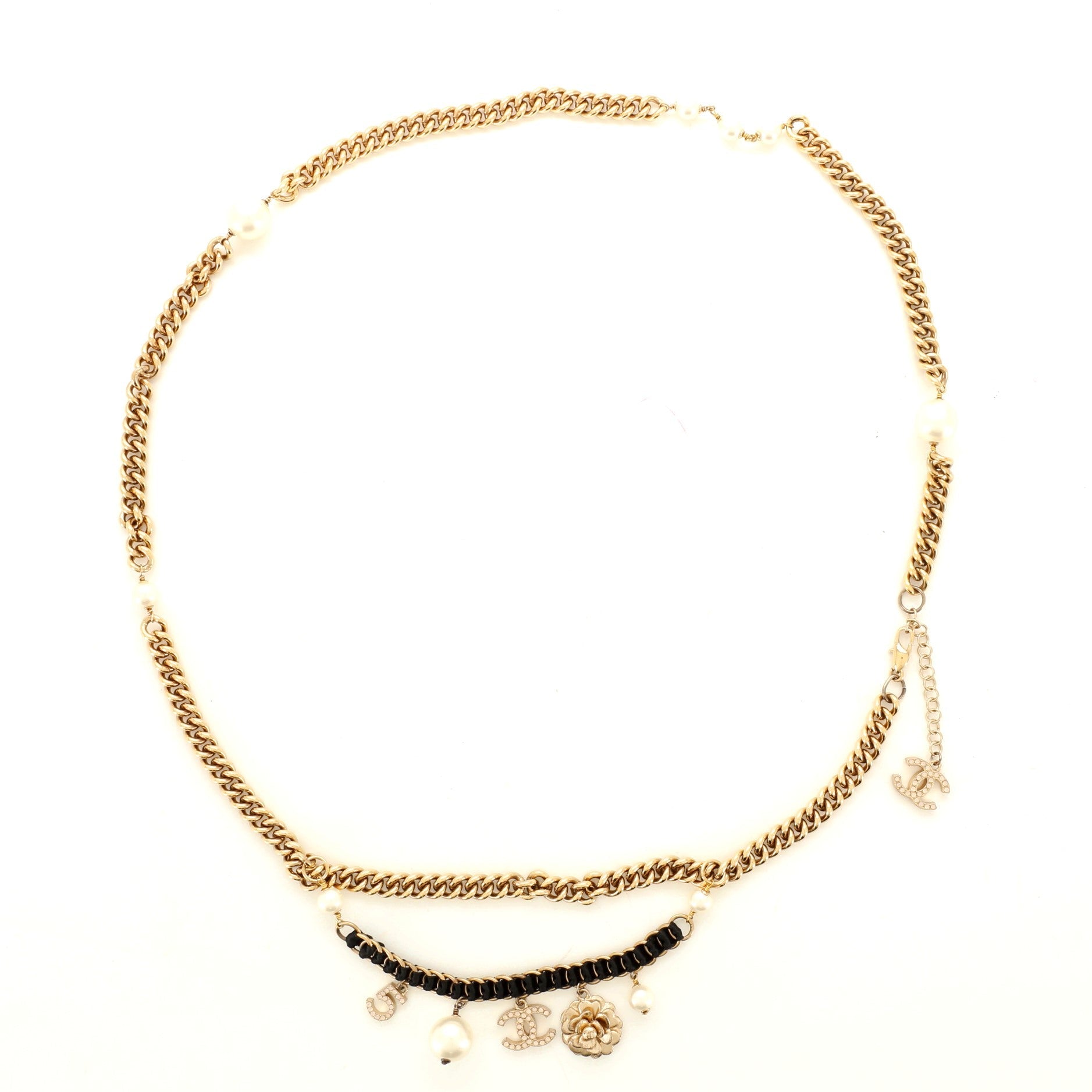 CC Long Chain Necklace Metal with Faux Pearl and Grosgrain
