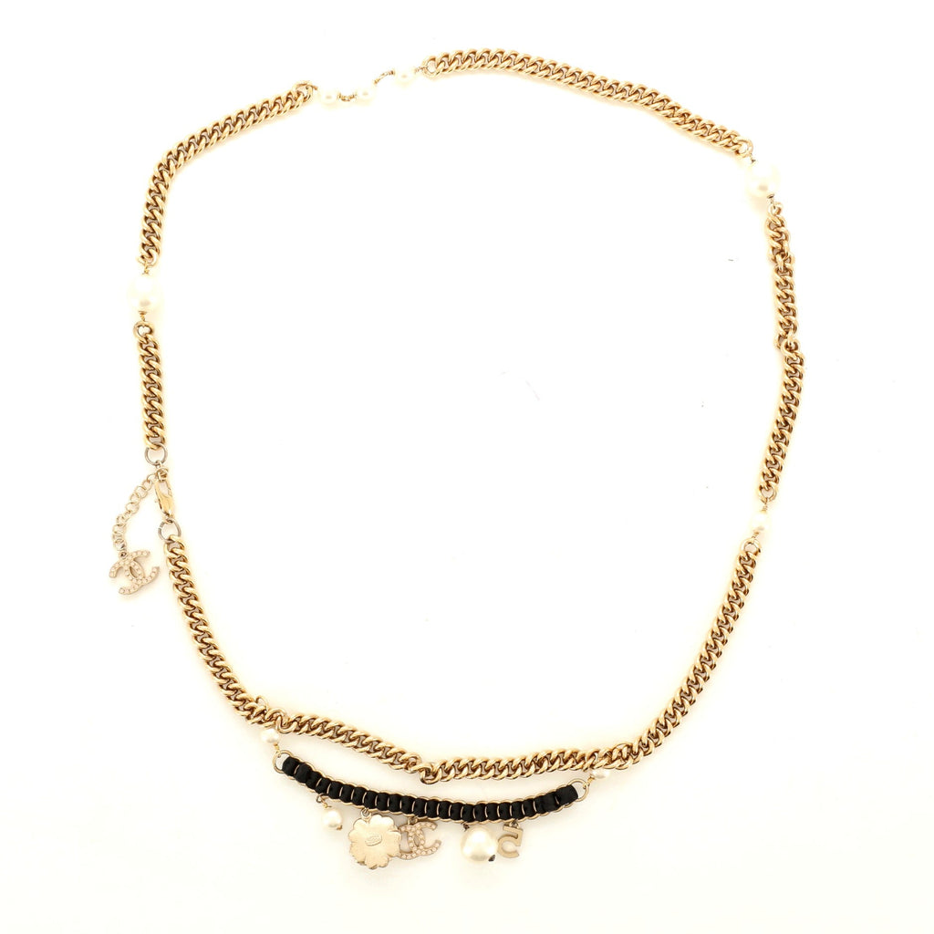 CC Long Chain Necklace Metal with Faux Pearl and Grosgrain