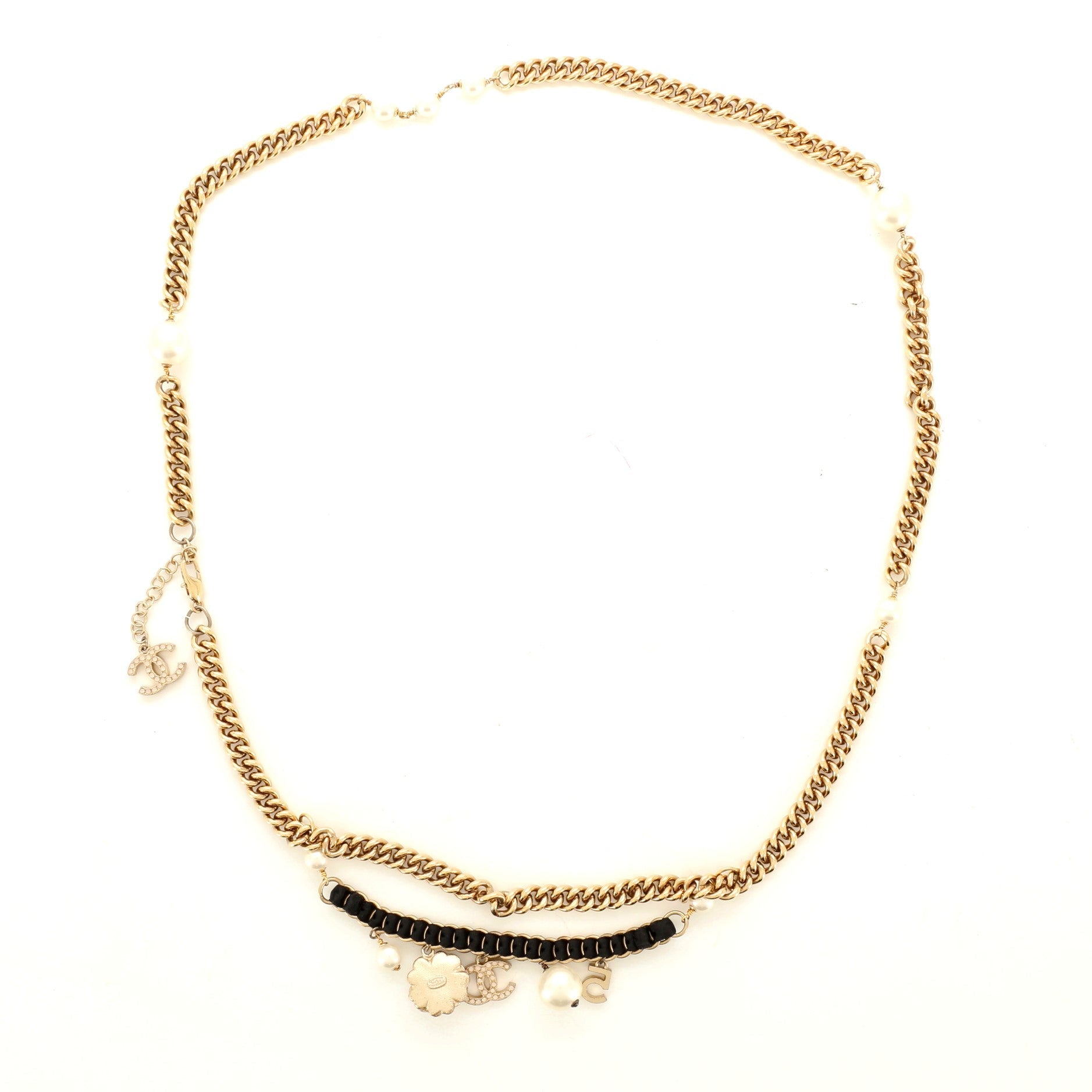 CC Long Chain Necklace Metal with Faux Pearl and Grosgrain