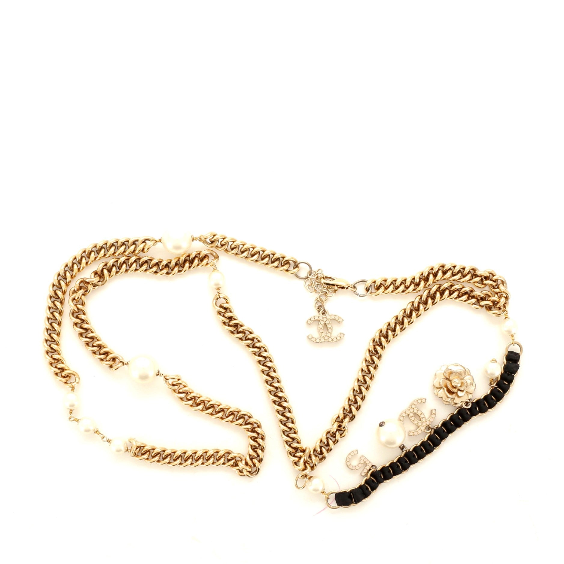CC Long Chain Necklace Metal with Faux Pearl and Grosgrain