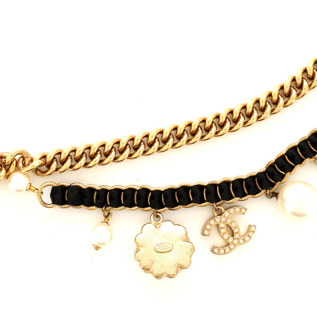 CC Long Chain Necklace Metal with Faux Pearl and Grosgrain