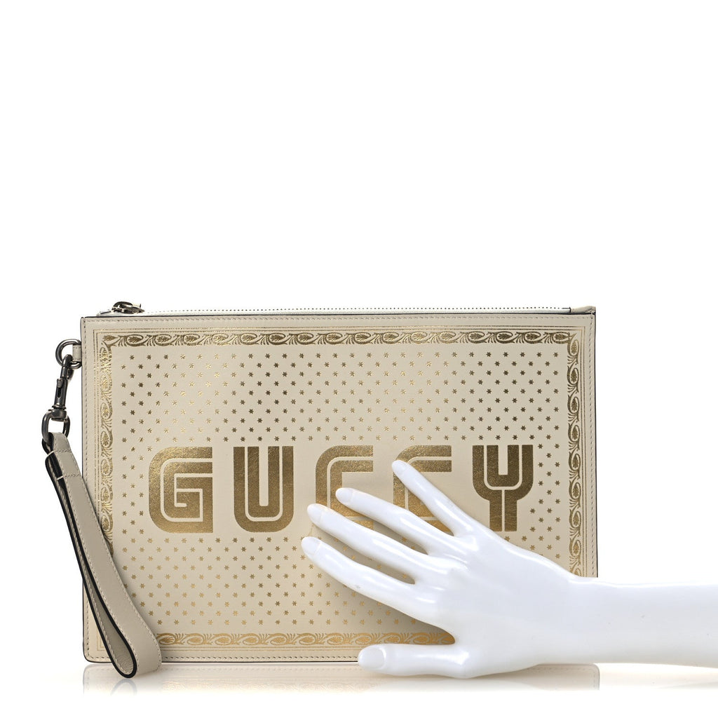 X SEGA Calfskin GUCCY Stars Zip Wristlet Pouch Mystic White Gold