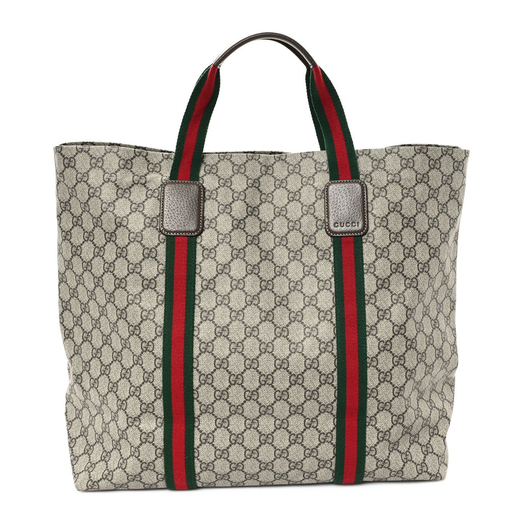 Tender GG Supreme Monogram Textured Dollar Calfskin Web Tote Beige Ebony New Acero