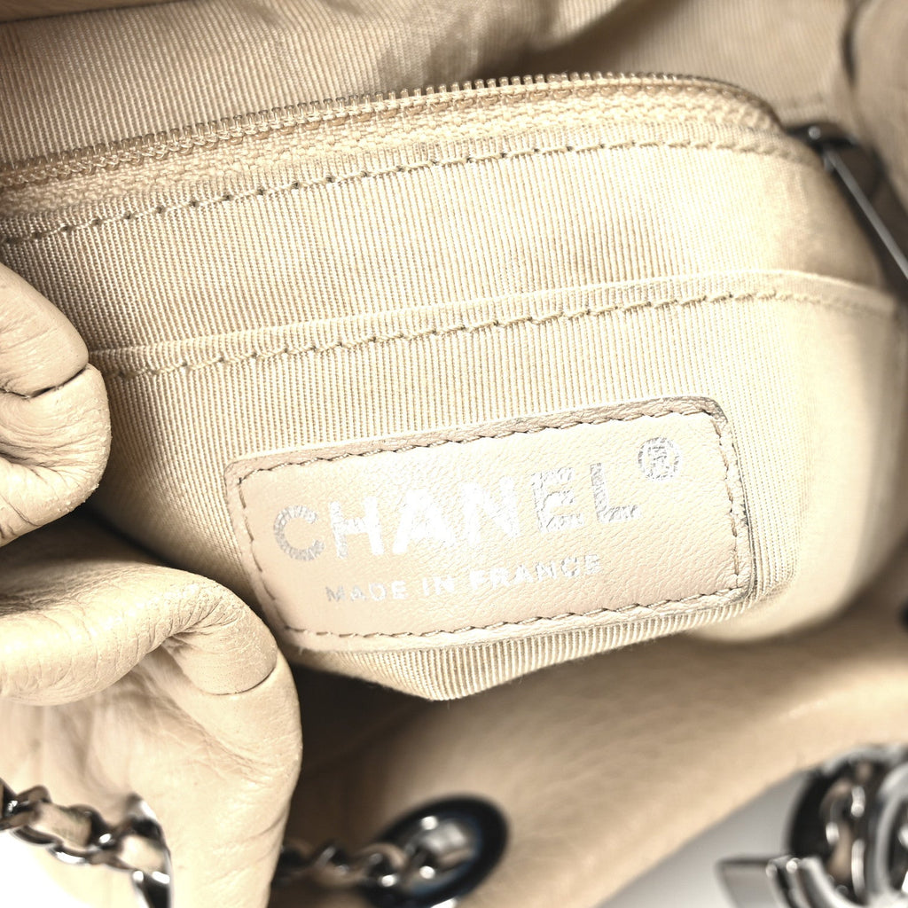 Deerskin Chevron Small CC Chain Bucket Bag Beige