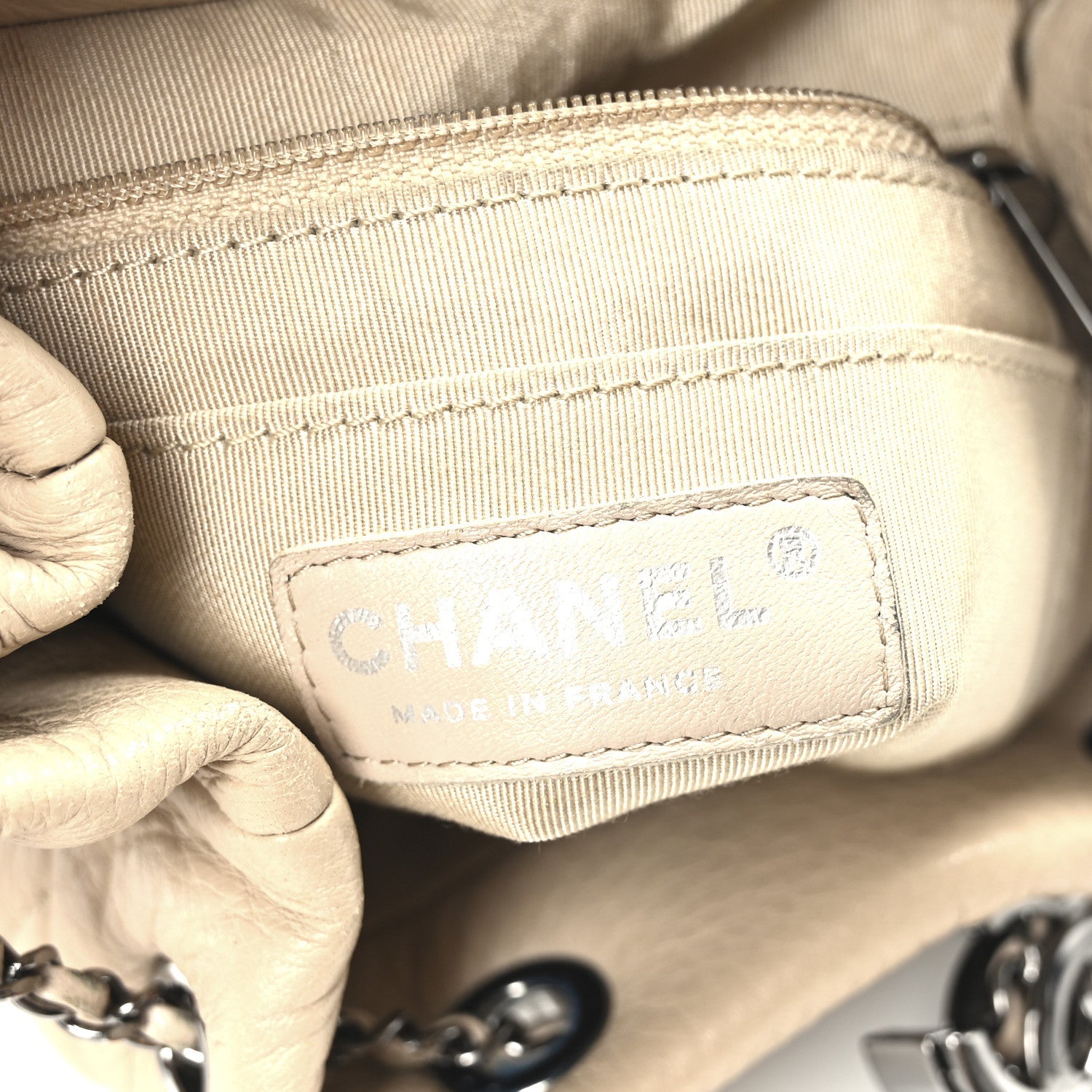 Deerskin Chevron Small CC Chain Bucket Bag Beige
