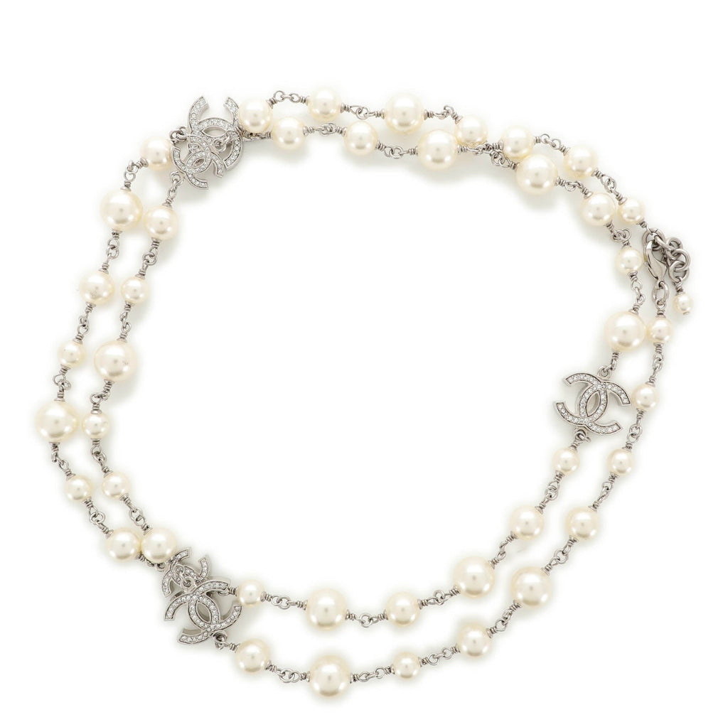 CC Long Necklace Faux Pearls and Crystal Embellished Metal
